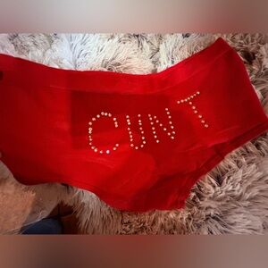 Red Knit Sweater with Rhinestone Letters